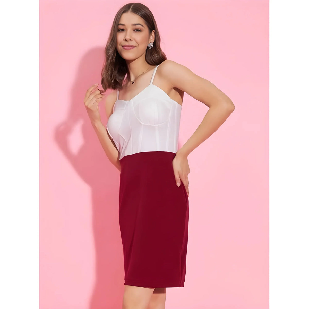 Women's Polyester Lycra Color Blocking Shoulder Straps Dress (white Maroon) | Women Signature Collection