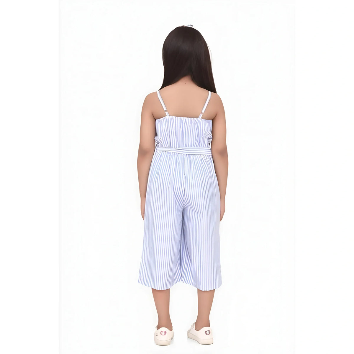 Girl's Polyester Cotton Blend Striped Sleeveless Jumpsuit (light Blue) | Kids Signature Collection