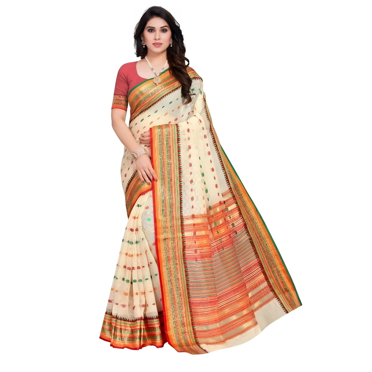 Women's Kota Doria Cotton Woven Butta Saree With Blouse (cream, 5 6 Mtrs) | Women Signature Collection