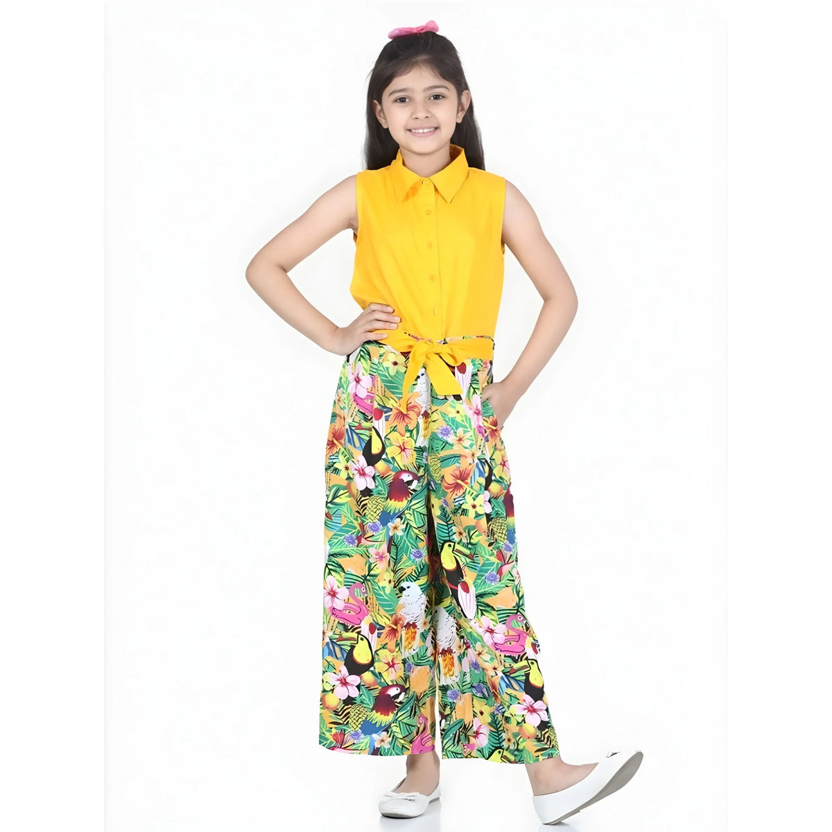 Girl's Rayon Flamingo Print Sleeveless Jumpsuit (yellow Multicolor) | Kids Signature Collection