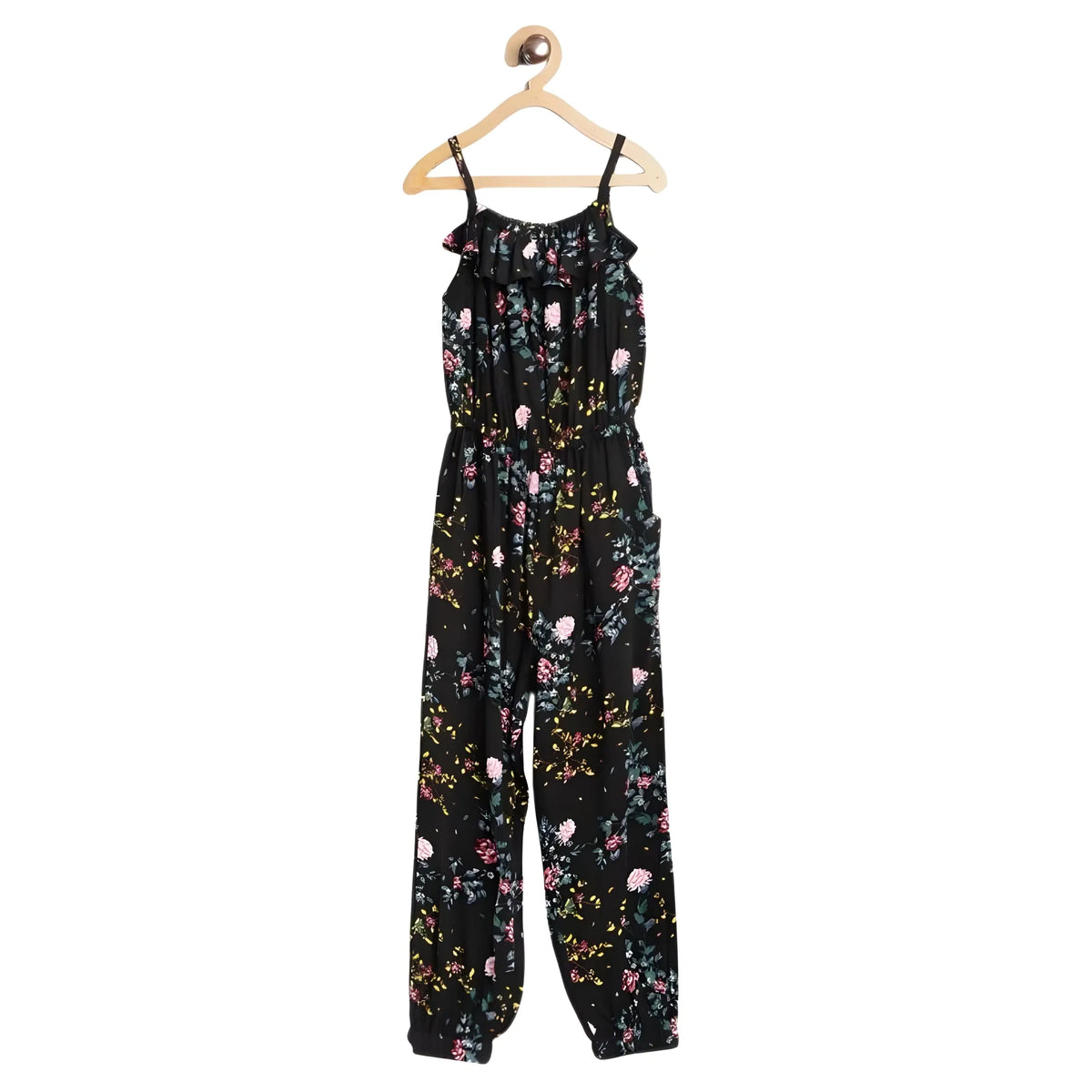 Girl's Rayon Floral Sleeveless Jumpsuit (black Pink) | Kids Signature Collection