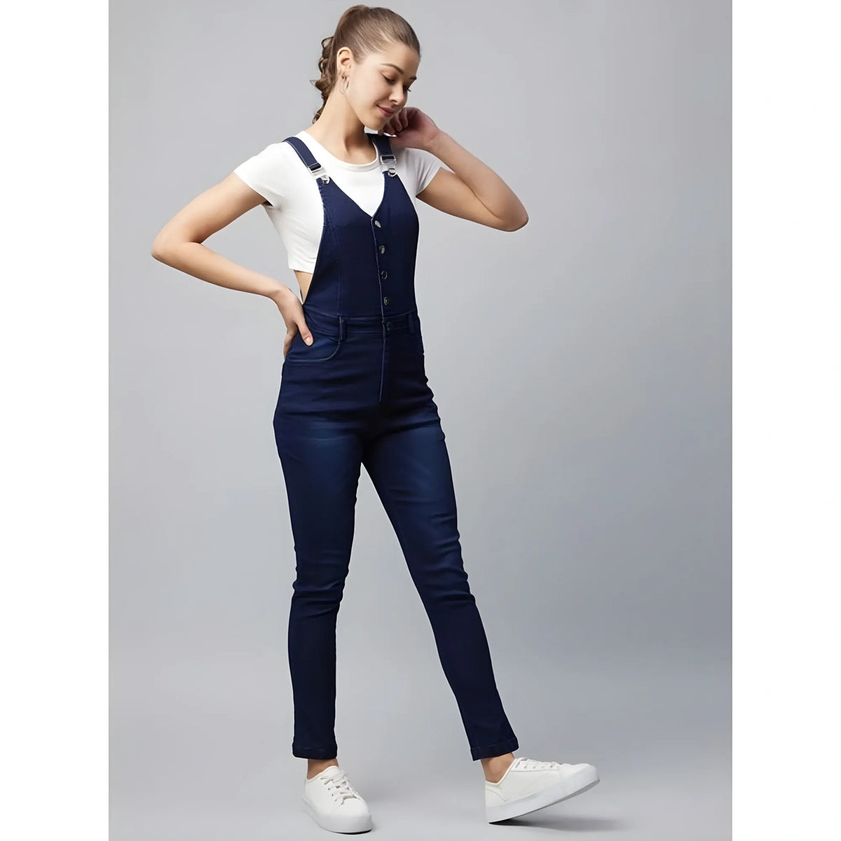 Women's Denim Lycra Solid Buttoned Dungaree (navy) | Women Signature Collection