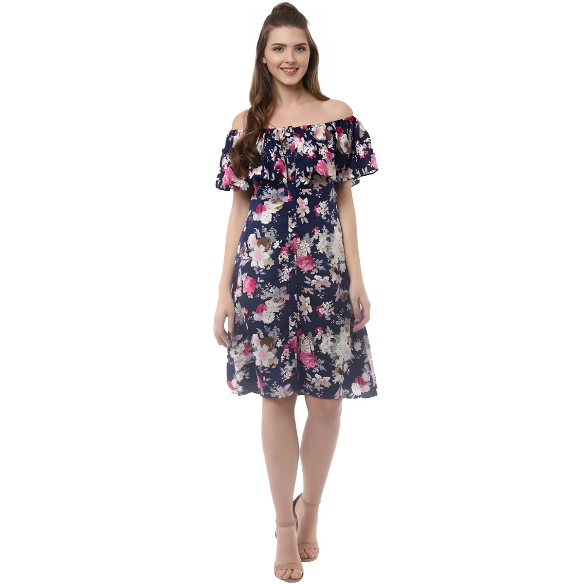 Women's Polyester Crepe Floral Half Sleeve Above Knee Dress (navy Blue) | Women Signature Collection