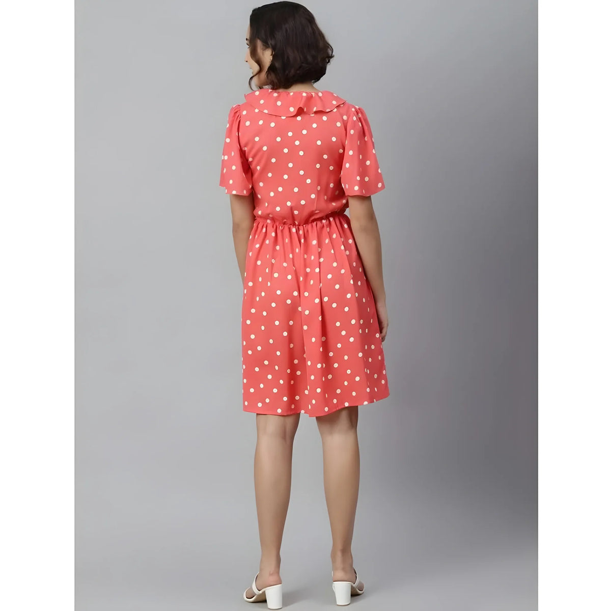 Women's Polyester Polka Flutter Above Knee Dress (coral) | Women Signature Collection