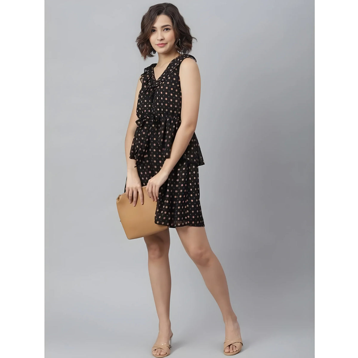 Women's Polyester Peplum Sleeveless Above Knee Dress (black) | Women Signature Collection