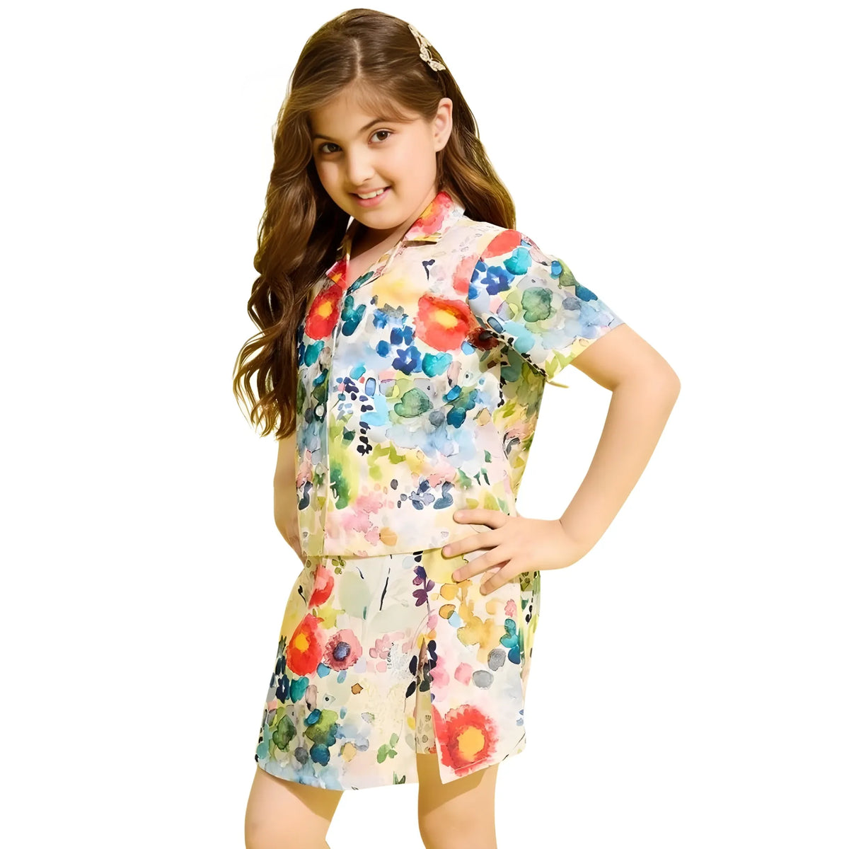 Girl's Polyester Cotton Blend Pattern Floral Short Sleeves Skorts Set (multicolor) | Kids Signature Collection