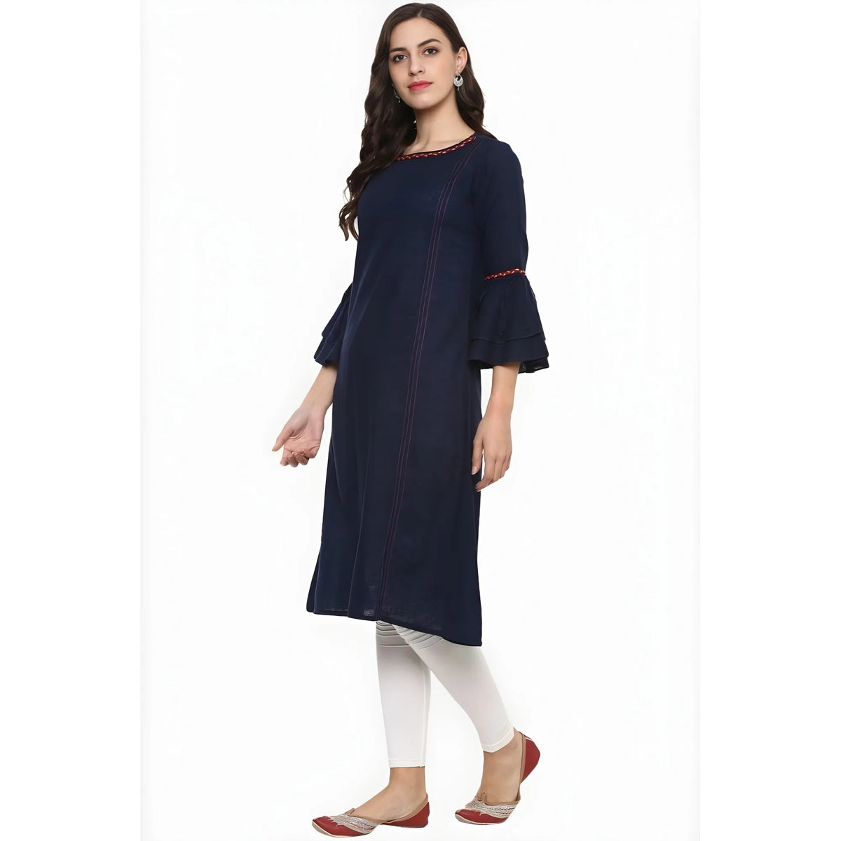 Women's Casual Bell Sleeves Solid Cotton Slub Kurti (blue) | Women Signature Collection
