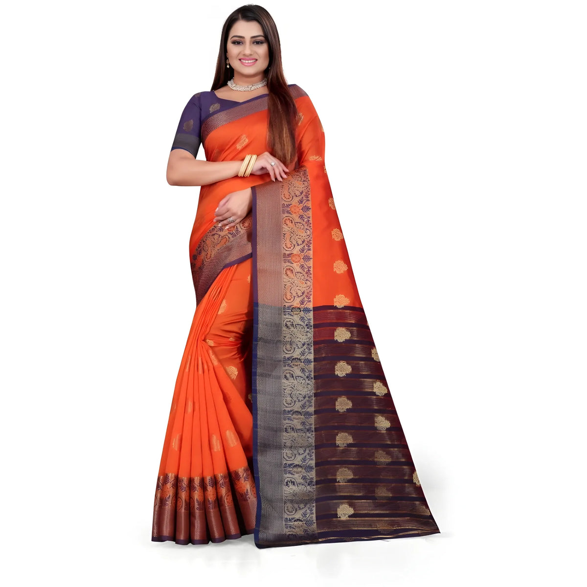Women's Silk Blend Woven Saree With Unstitched Blouse 5.5mtr (orange) | Women Signature Collection