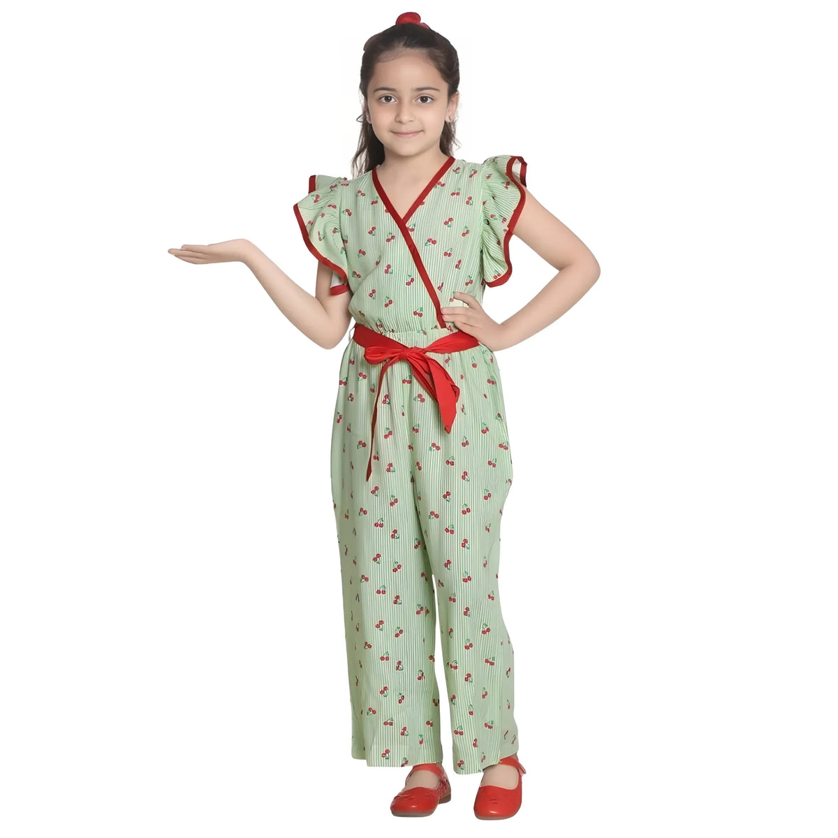 Girl's Rayon Printed Flutter Jumpsuit (green) | Kids Signature Collection