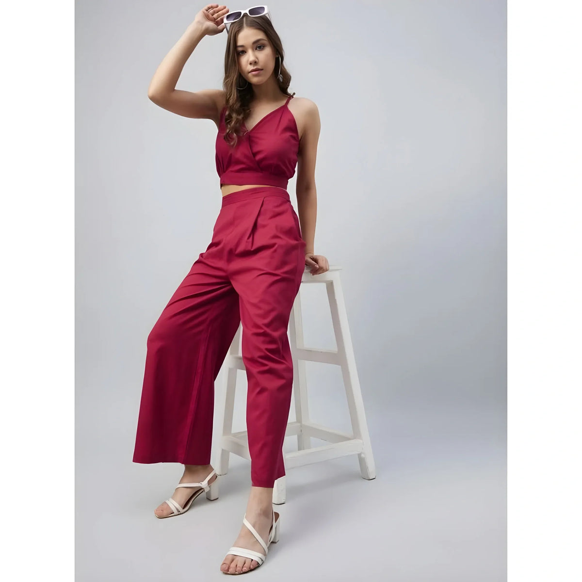 Women's Cotton Linen Solid Sleeveless Crop Top And Palazzo Set (maroon) | Women Signature Collection