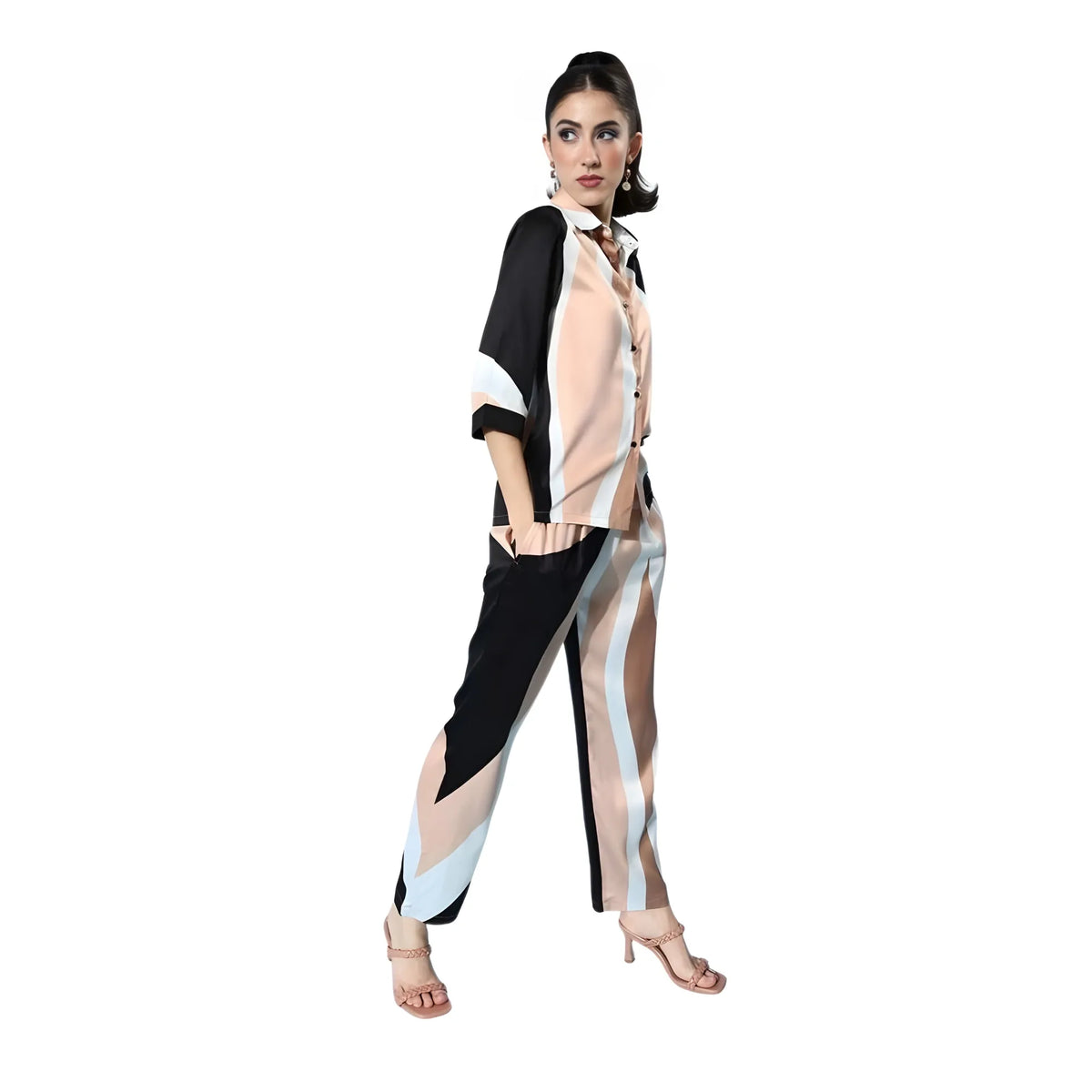 Women's Satin Colour Block Long Sleeves Co Ord Set (beige Black) | Women Signature Collection