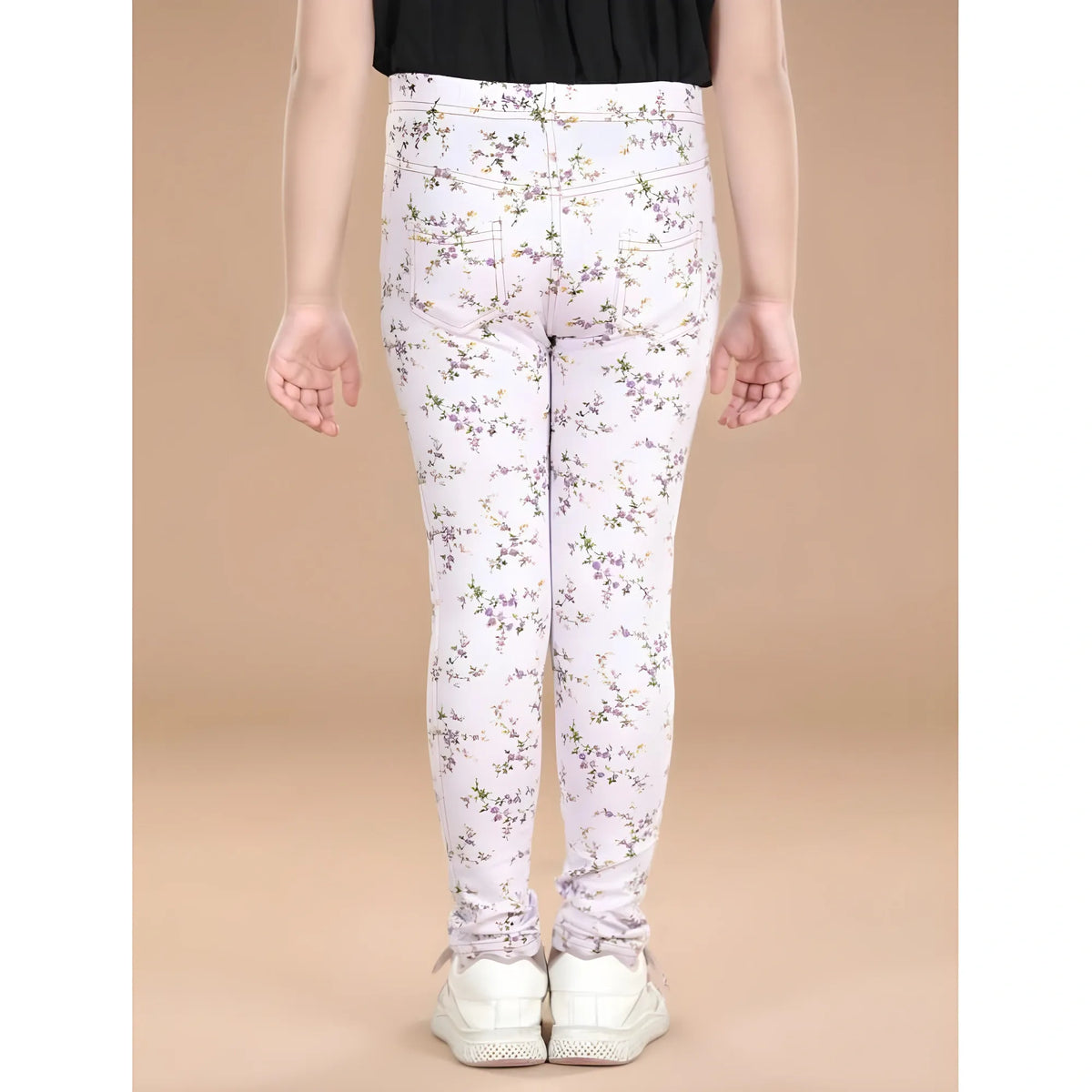 Girl's Cotton Lycra Floral Elasticated Jeggings (Multicolor)