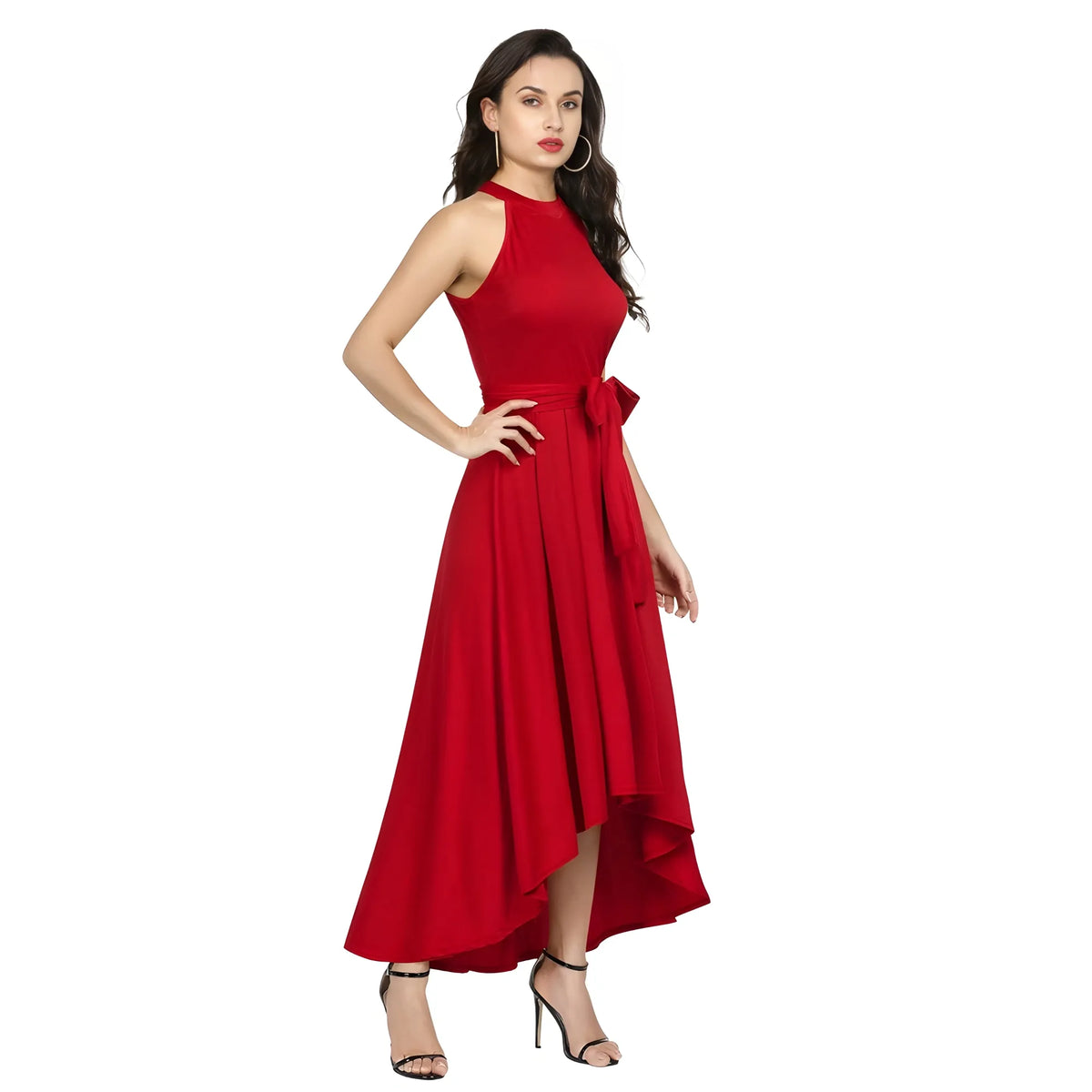 Women's Polyster Solid Halter Neck Sleeveless Dress (red) | Women Signature Collection
