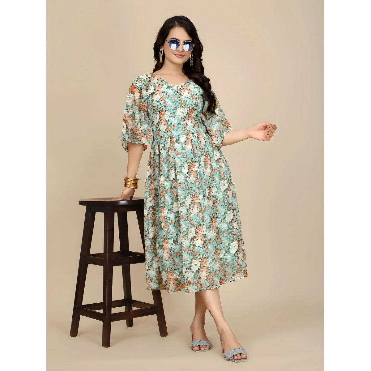 Women's Georgette Printed Round Neck Short Sleeve Dress (multicolor) | Women Signature Collection