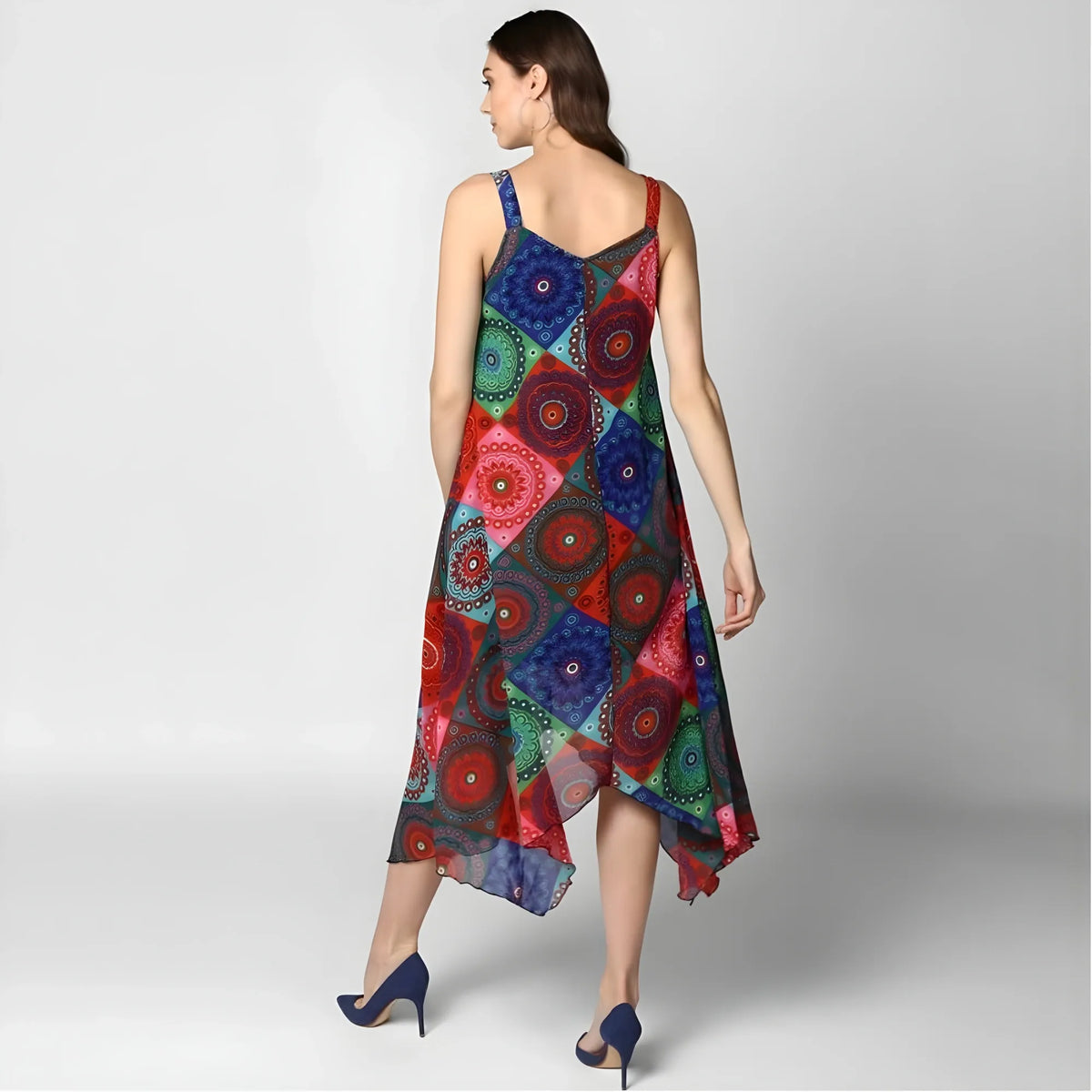Women's Polyester Asymmetrical Shoulder Straps Knee Length Dress (multicolor) | Women Signature Collection