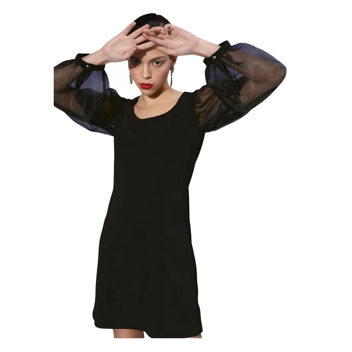Women's Organza And Polyester Lycra Solid Long Sleeves Dress (black) | Women Signature Collection
