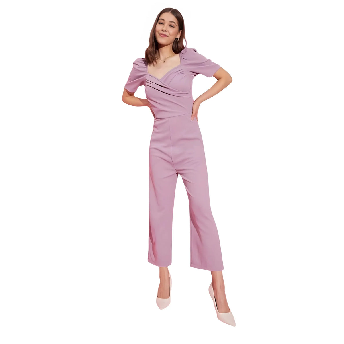 Women's Polyester Lycra Solid Puff Sleeve Jumpsuit (lavender) | Women Signature Collection