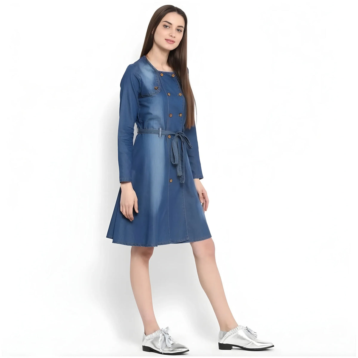 Women's Denim Washed Regular Sleeves Dress (blue) | Women Signature Collection