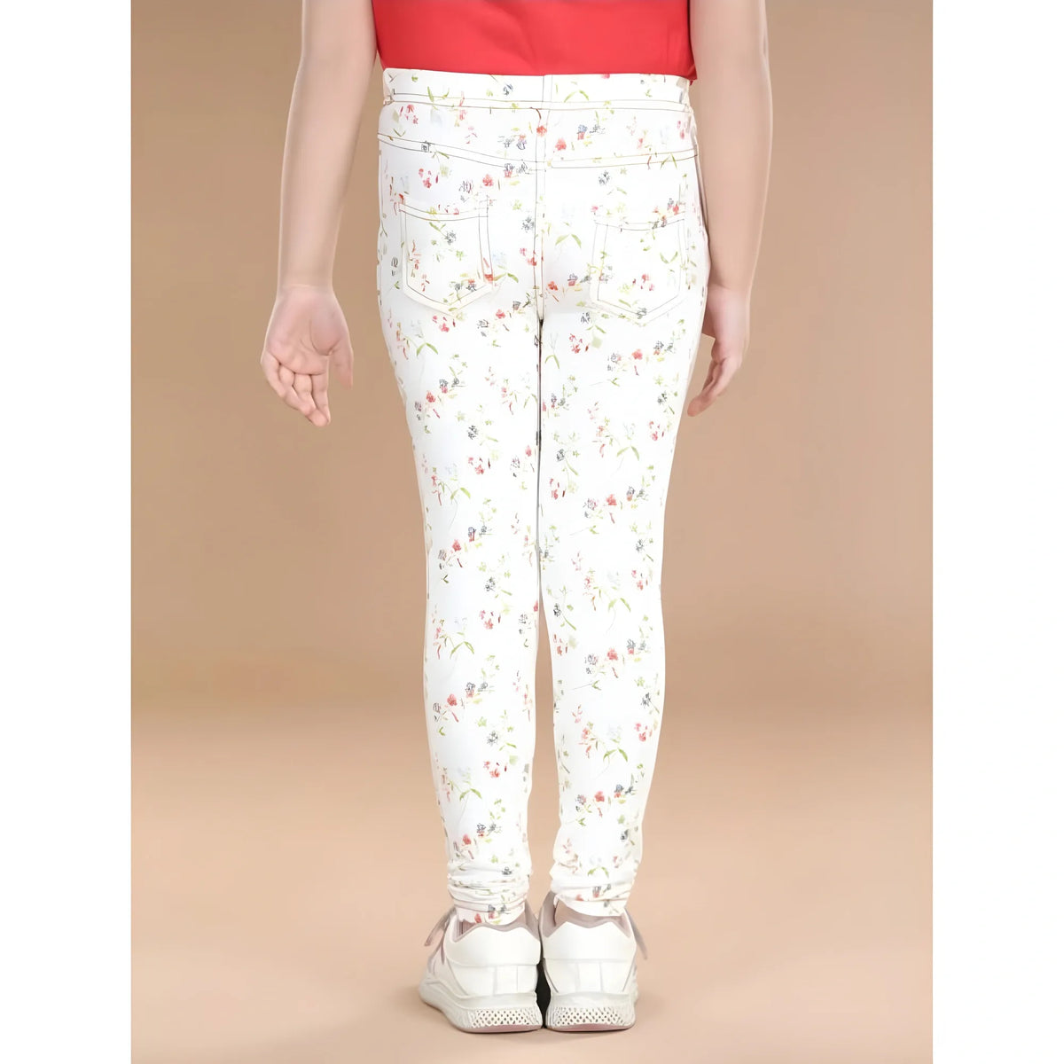 Girl's Cotton Lycra Floral Elasticated Jeggings (White-Green)