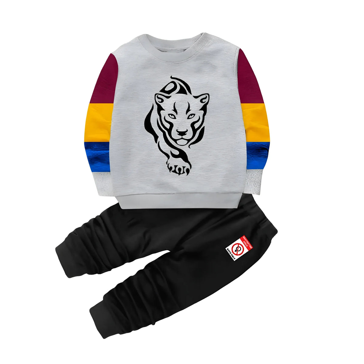 Boy's Casual Full Sleeve Printed Cotton T Shirt With Pant (Grey)