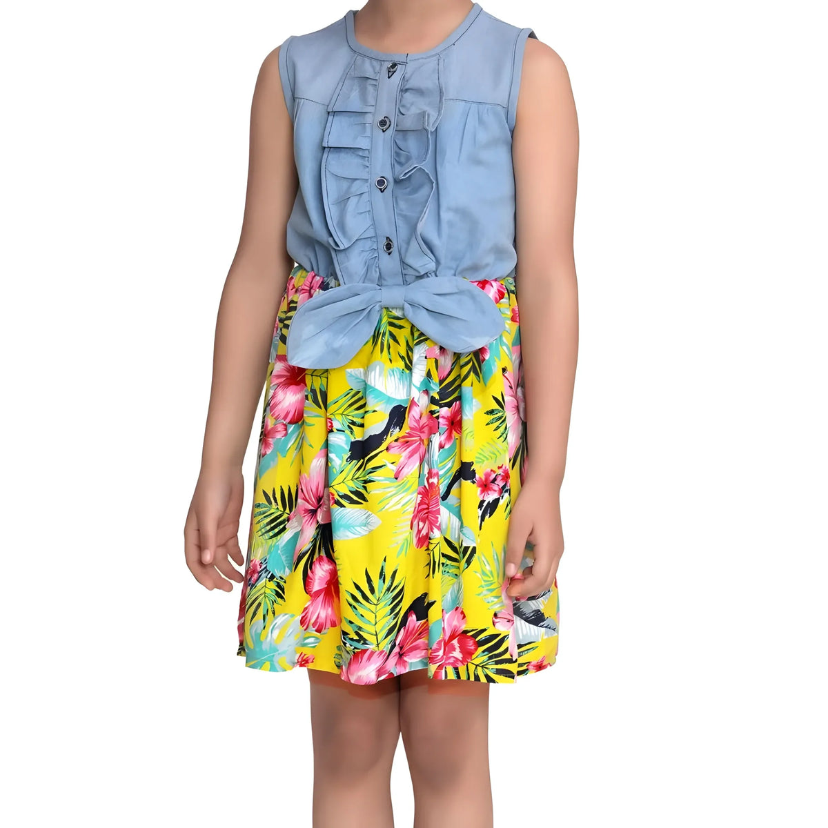 Girl's Denim Floral Sleeveless Dress (blue Yellow) | Kids Signature Collection