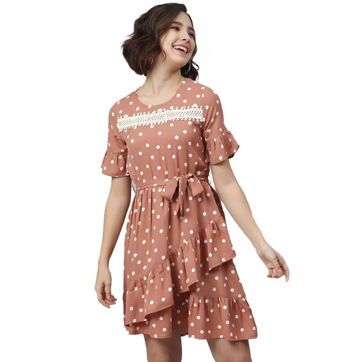 Women's Polyester Polka Bell Sleeve Above Knee Dress (brown) | Women Signature Collection
