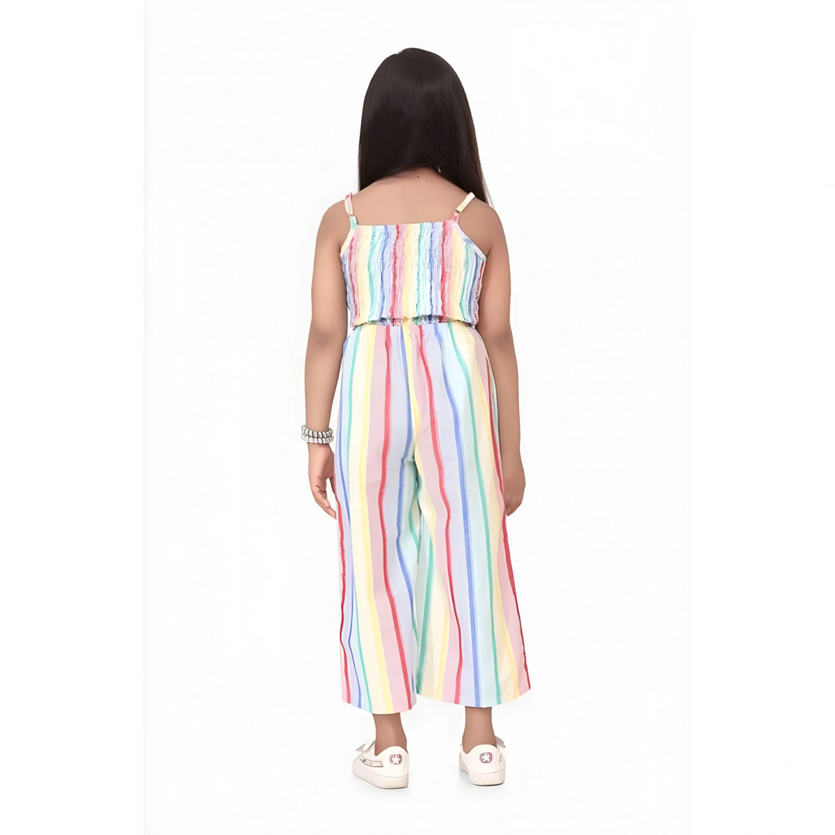 Girl's Polyester Cotton Blend Striped Sleeveless Jumpsuit (multicolor) | Kids Signature Collection