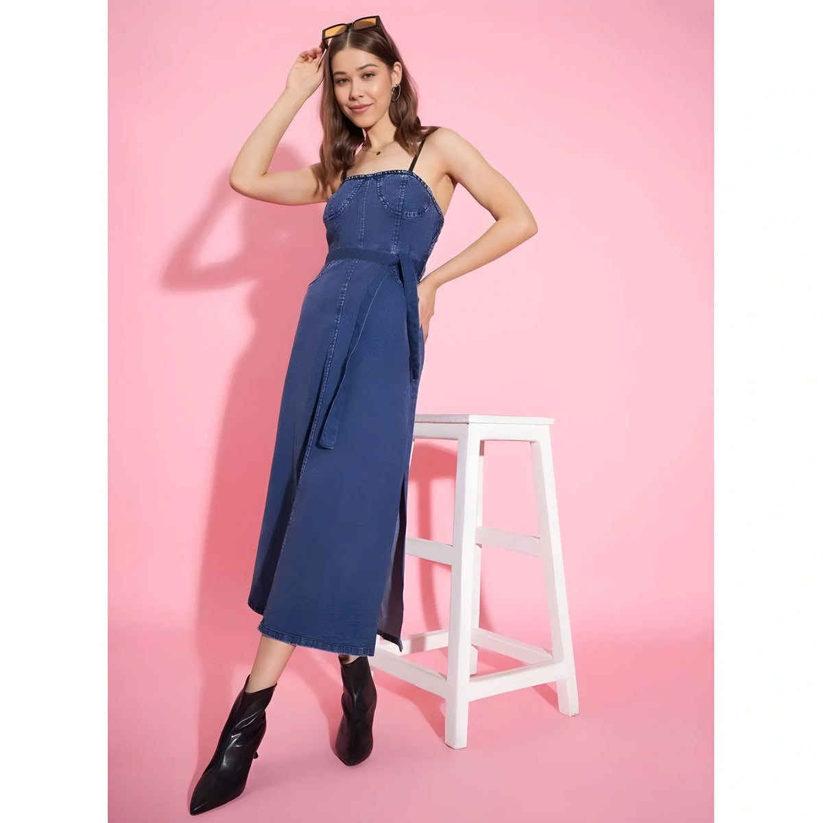 Women's Denim Solid Shoulder Straps Dress (blue) | Women Signature Collection