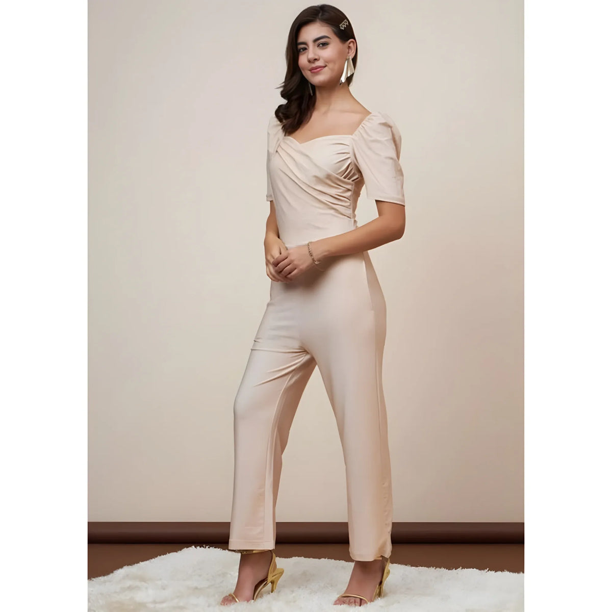 Women's Polyester Shimmer Self Design Short Sleeve Jumpsuit (gold) | Women Signature Collection