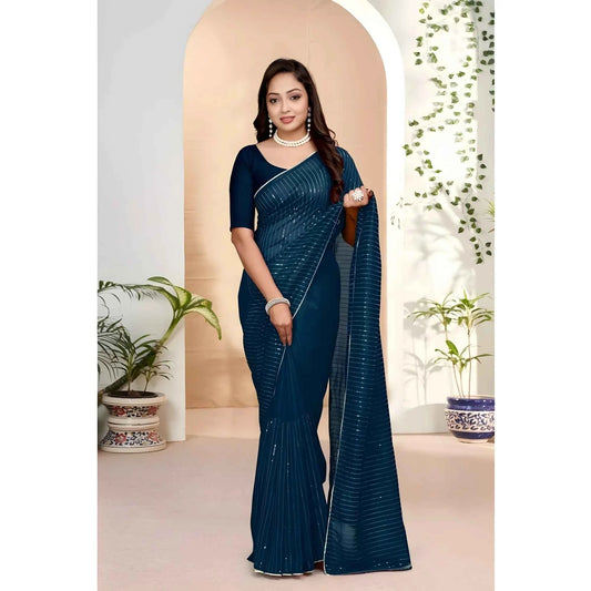 Azure Opal Vichitra Silk Striped Saree with Unstitched Blouse 5.5 m