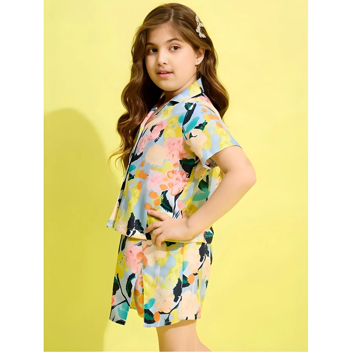 Girl's Polyester Cotton Blend Pattern Floral Short Sleeves Skorts Set (blue Multicolor) | Kids Signature Collection