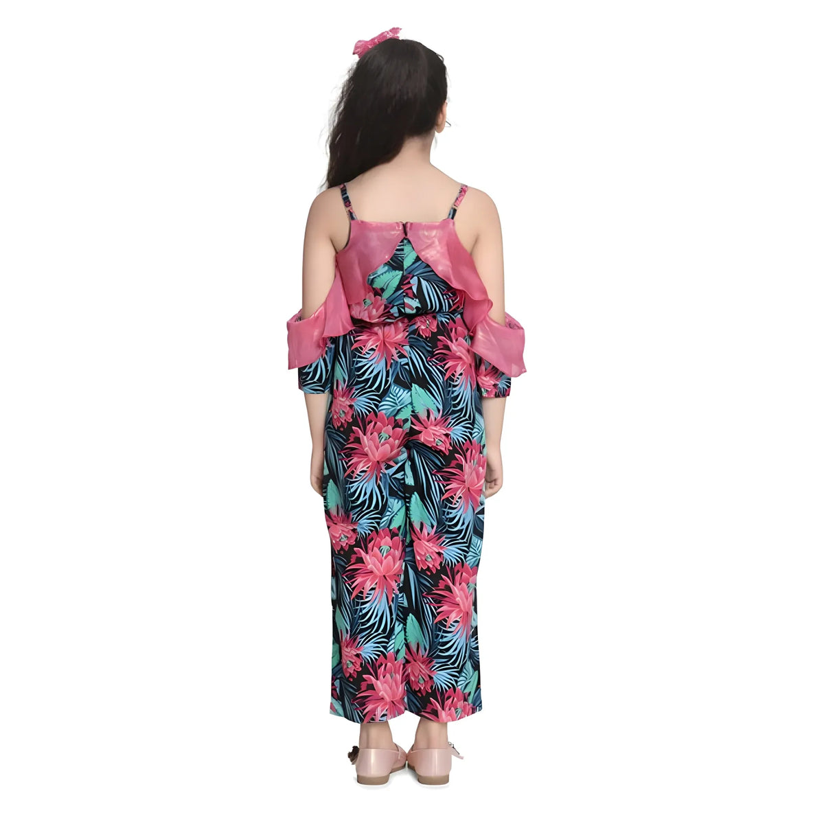 Girl's Polyester Floral Cold Shoulder Jumpsuit (pink) | Kids Signature Collection