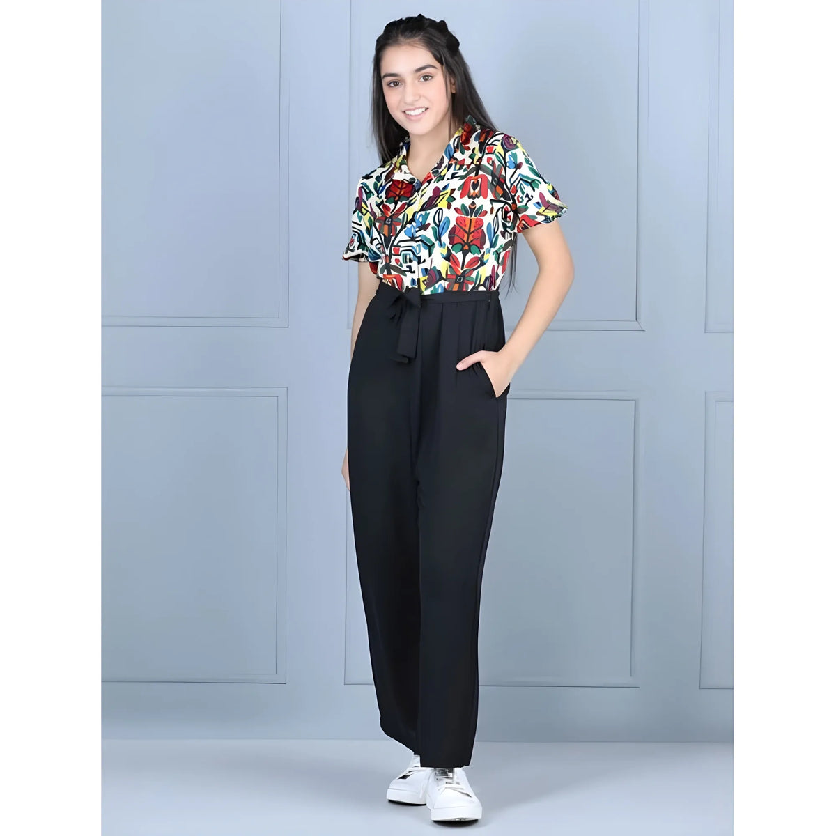 Girl's Polyester Printed Short Sleeves Jumpsuit (multicolor Black) | Kids Signature Collection