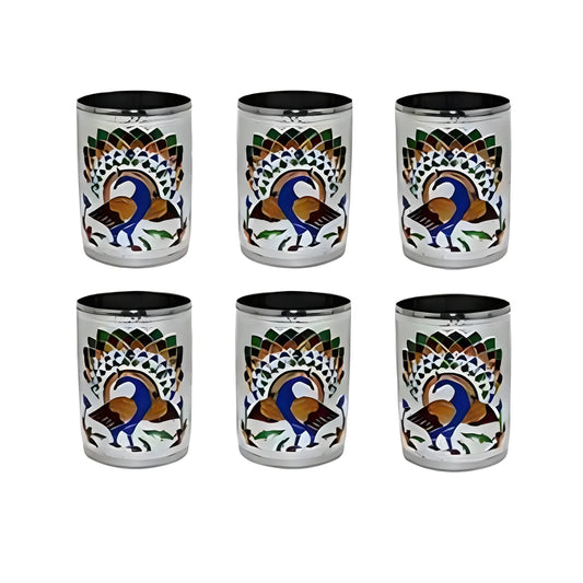 Steel Meenakari Peacock Design Decorative Glass Set (Silver)