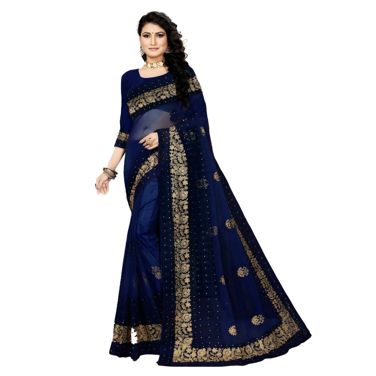 Women's Net Saree With Blouse (navy Blue, 5 6mtrs) | Women Signature Collection