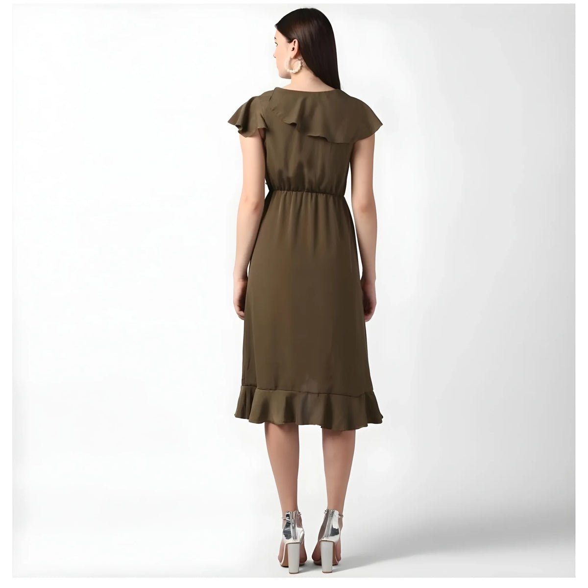 Women's Polyester Ruffled Cap Sleeve Knee Length Dress (olive) | Women Signature Collection