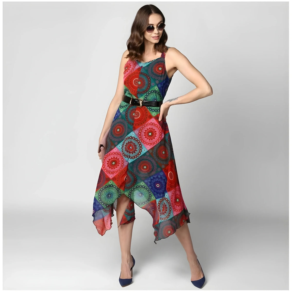Women's Polyester Asymmetrical Shoulder Straps Knee Length Dress (multicolor) | Women Signature Collection