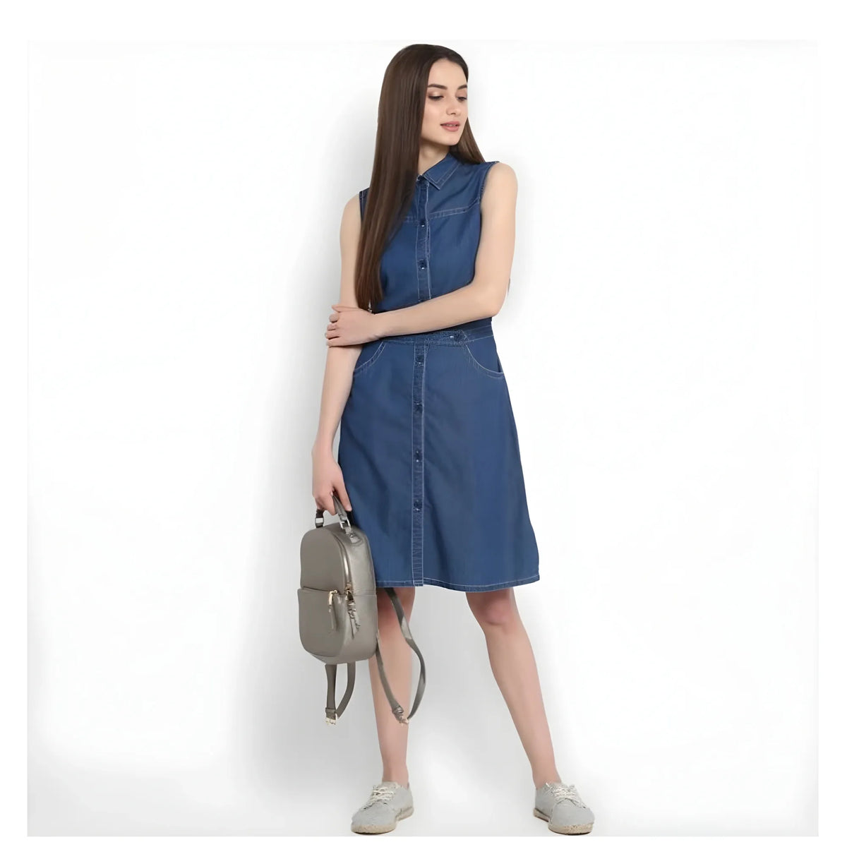 Women's Denim Solid Sleeveless Above Knee Dress (blue) | Women Signature Collection