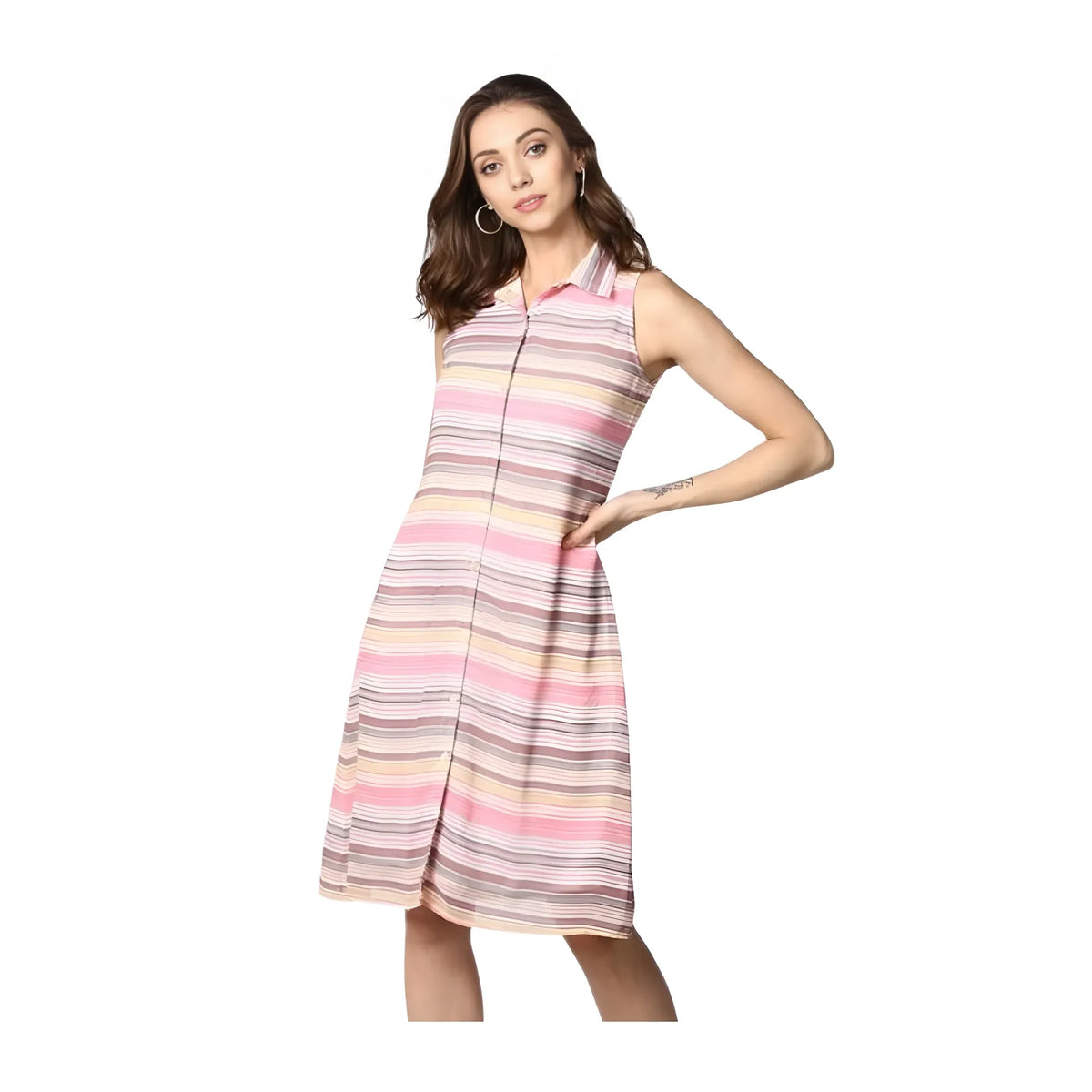 Women's Polyester Striped Sleeveless Dress (pink) | Women Signature Collection