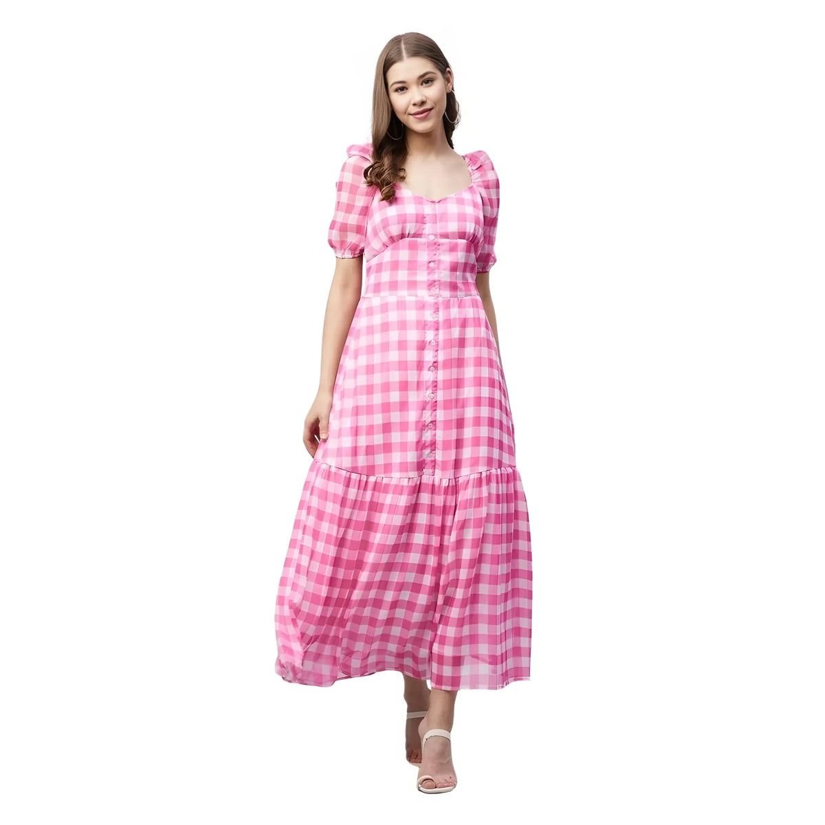 Women's Polyester Georgette Checkered Half Sleeve Dress (pink) | Women Signature Collection