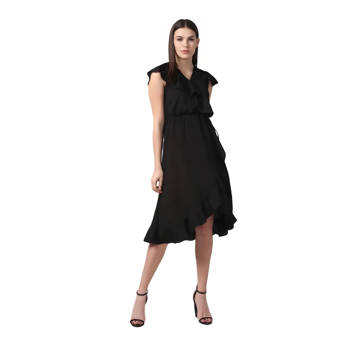 Women's Polyester Ruffled Cap Sleeve Knee Length Dress (black) | Women Signature Collection