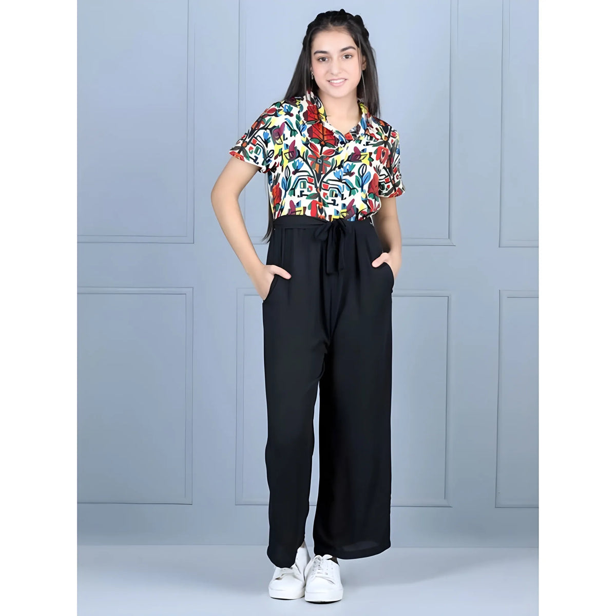 Girl's Polyester Printed Short Sleeves Jumpsuit (multicolor Black) | Kids Signature Collection