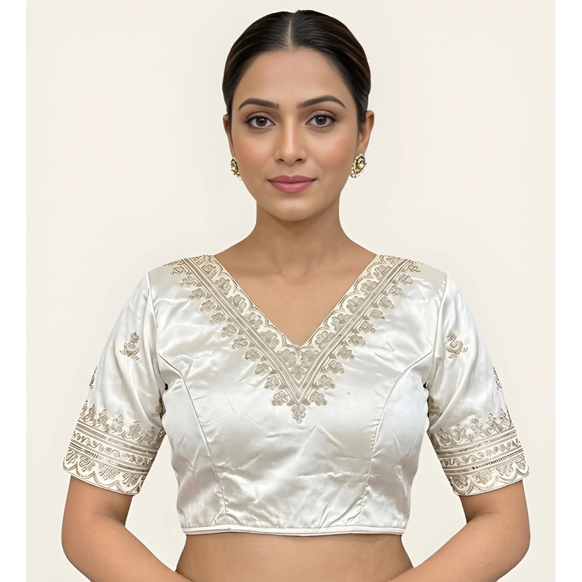 Pearl Women's Satin Embroidered Half sleeve V-Neck Padded Readymade Blouse