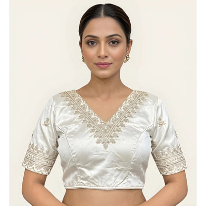 Pearl Women's Satin Embroidered Half sleeve V-Neck Padded Readymade Blouse