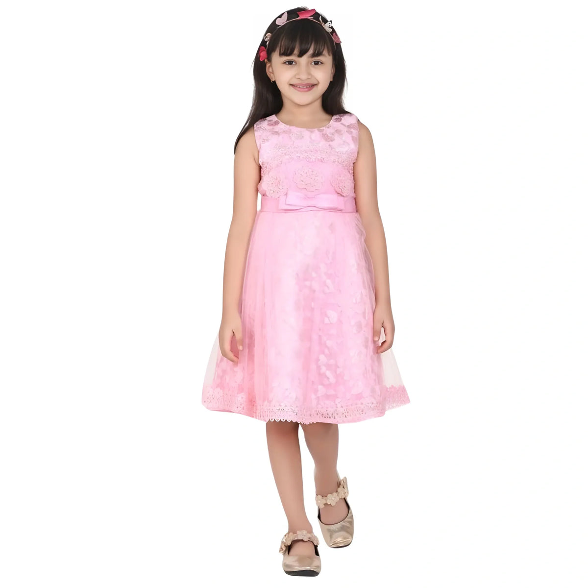 Girl's Net Embroidered Sleeveless Dress (pink) | Kids Signature Collection