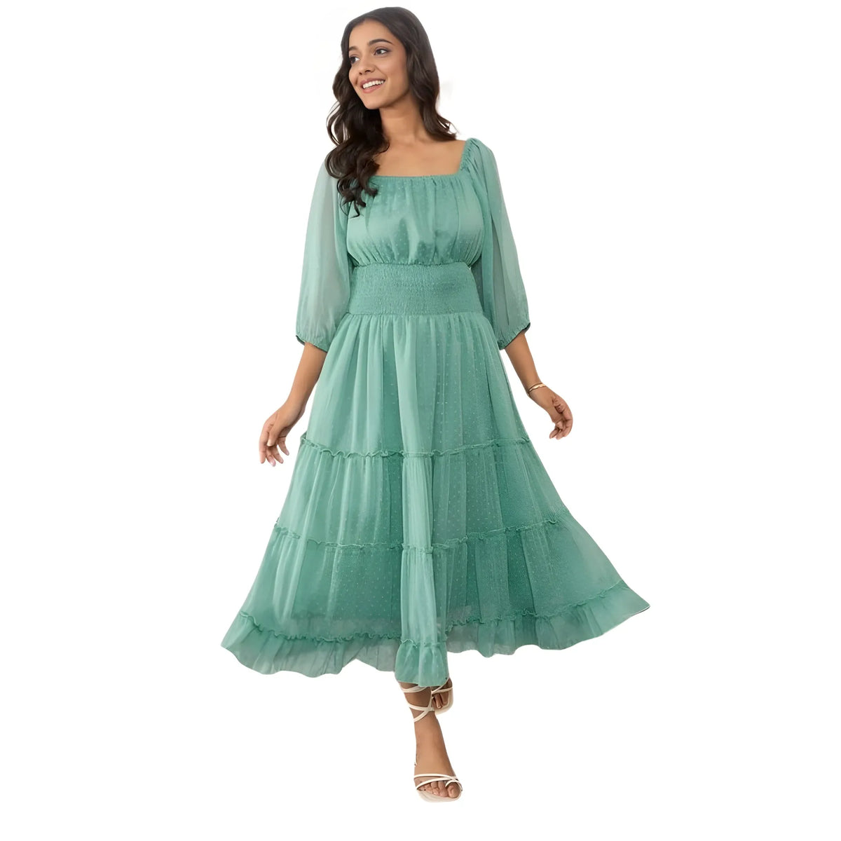 Women's Chiffon Solid Puff Sleeve Dress (green) | Women Signature Collection