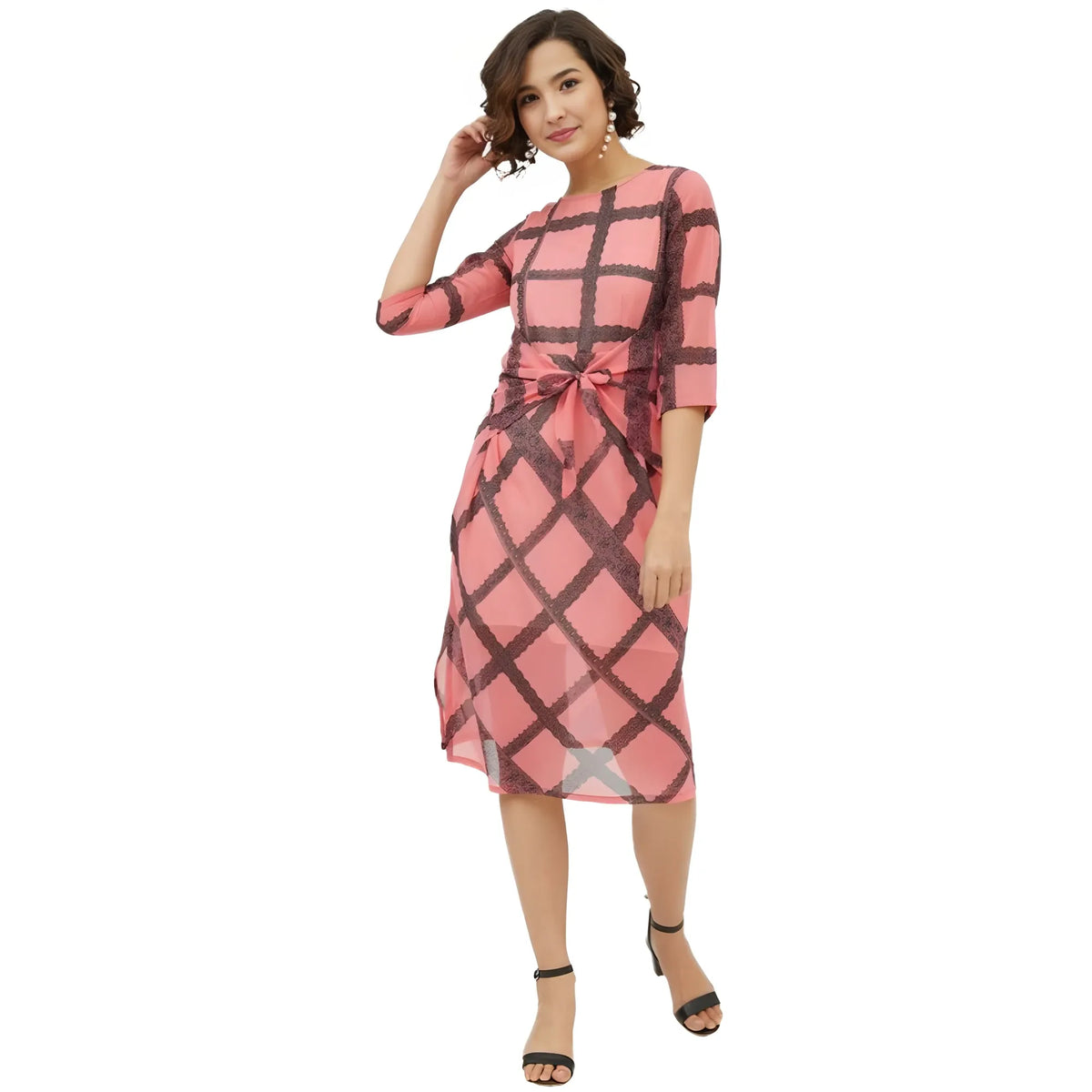 Women's Polyester Checkered 3 4th Sleeves Below Knee Dress (pink) | Women Signature Collection