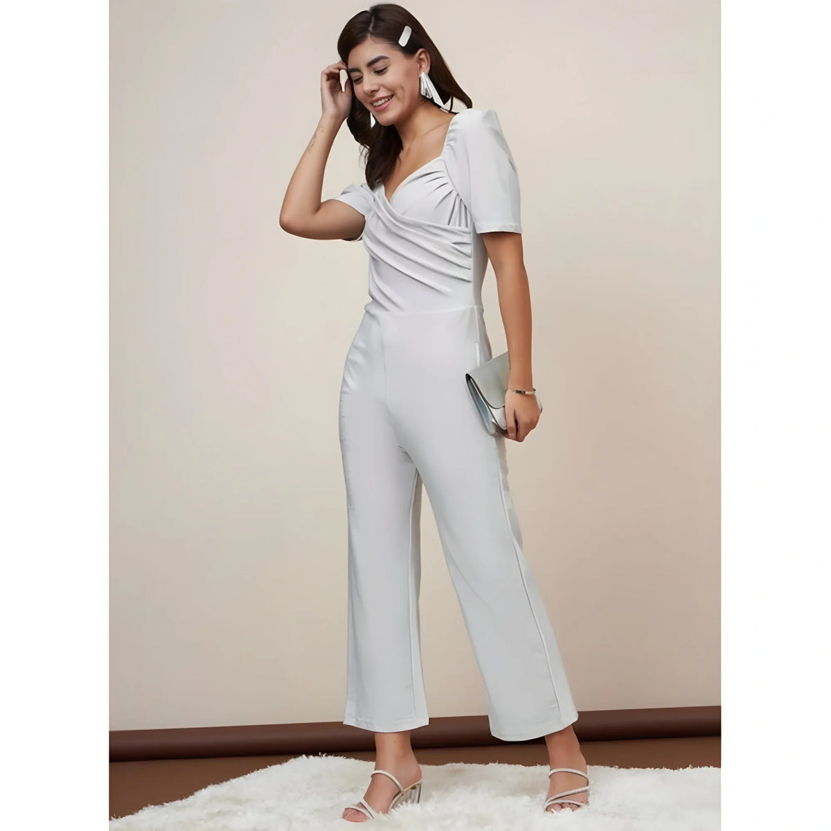 Women's Polyester Shimmer Self Design Short Sleeve Jumpsuit (silver) | Women Signature Collection
