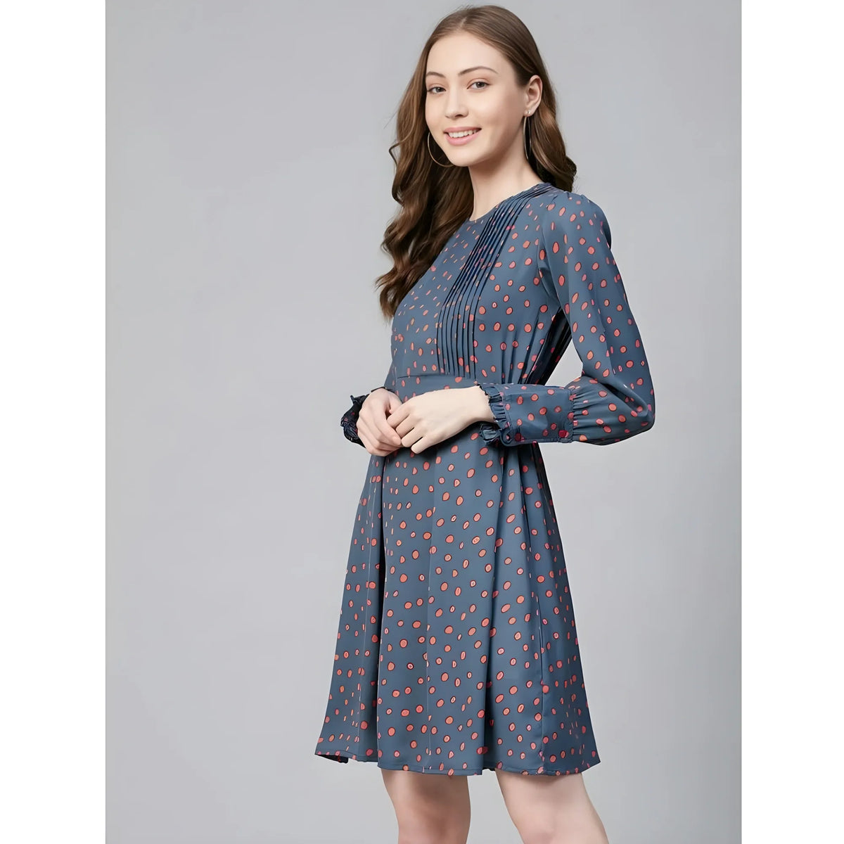 Women's Polyester Polka Long Sleeves Above Knee Dress (grey Coral) | Women Signature Collection