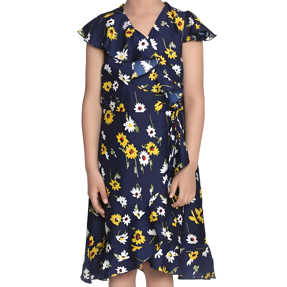 Girl's Polyester Crepe Polka Cold Shoulder Dress (navy Blue) | Kids Signature Collection